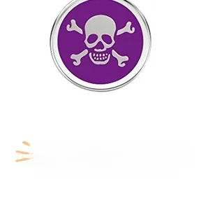 Detailed view of purple enamel skull pet tag with polished silver metallic border