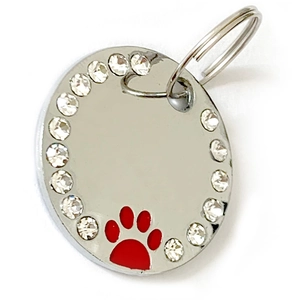 Gros plan sur une médaille pour animal en argent avec strass et motif patte rouge