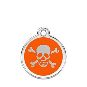Detail view of round pet ID tag with orange enamel background and silver skull motif