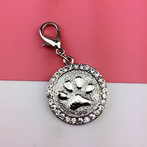 Silver alloy pet tag with rhinestone circle and paw print charm on pink and white background