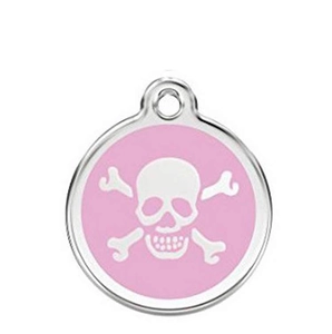 Detailed view of round pink enamel pet tag with a white skull and crossbones design