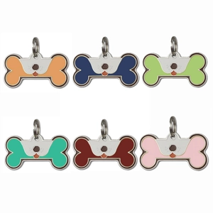 Zinc alloy bone-shaped pet tags in six assorted enamel colors with metal rings