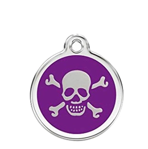 Detail of round purple enamel pet ID tag with silver skull and crossbones motif