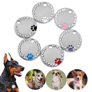 Médailles d'identification rondes en acier inoxydable avec strass et motifs de pattes