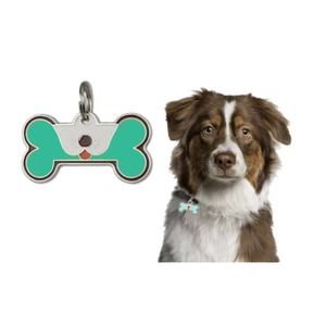 Detail of bone-shaped zinc alloy pet ID tag with cartoon dog pattern and split ring