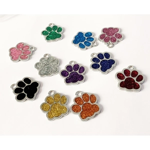 Colorful paw-shaped zinc alloy pet ID tags with glitter finish for dog collars