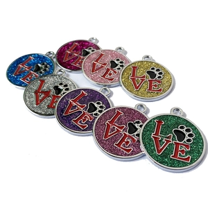Glitter Alloy Pet ID Tag Round Paw Print LOVE Letter Pendant Identity Name Plate For Dogs Cats Anti-Lost Collar Charm