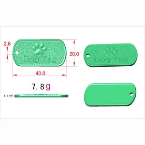 Mint green dog tag with paw print design and full size dimensions 40x20mm