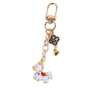 Zinc alloy zodiac horse keychain with white enamel fú pendant and blue flower charm