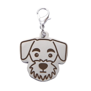 Silver stainless steel pet ID tag featuring a cute cartoon Schnauzer design with clasp