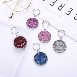 Cartoon round cat face pet ID tag with colorful glitter finish in five vibrant colors
