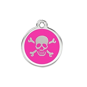 Pink enamel skull pet ID tag with metal loop for dogs and cats collars