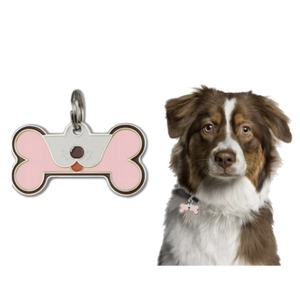 Bone-shaped zinc alloy pet ID tag with cartoon dog face and pink enamel finish