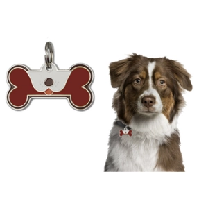 Bone-shaped zinc alloy pet ID tag with cartoon dog pattern and split ring hanging