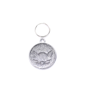 Silver glitter cat face pet ID tag with heart nose and metal ring for cats and dogs