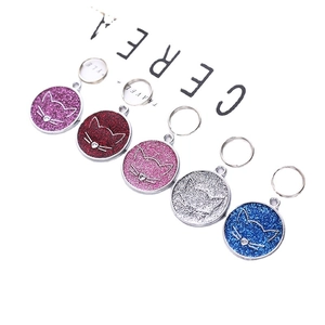 Cute Cartoon Round Cat Face Pet ID Tag Zinc Alloy Glitter Anti-Lost Identity Name Plate With Metal Ring For Dogs Cats