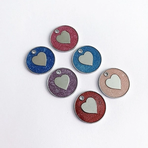Set of six colorful glitter pet ID tags with silver heart charm and hanging holes