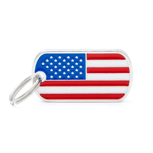 Zinc alloy pet tag with American flag enamel pattern and metal keyring for cats