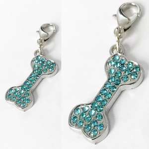 Sparkling blue rhinestone dog bone pendant with lobster clasp for pet collars