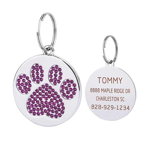 Customized paw print dog tag with pink rhinestones and laser engraving on stainless steel