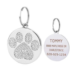 Silver zinc alloy pet ID tag with rhinestone paw print design and custom engraving detail