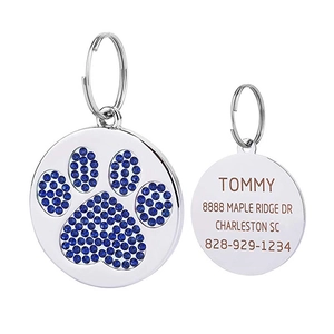 Pet ID Tag Round Alloy Rhinestone Paw Print Identity Plate Dog Cat Name Tag For Collar Pendant Jewelry Pet Supplies