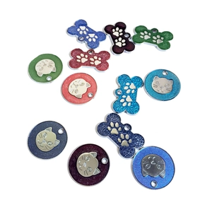 Glittery zinc alloy pet ID tags in round and bone shapes with paw and cat motifs