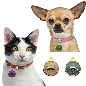 Glitter Mustache Round Pet ID Tag Metal Dog Cat Name Plate Pendant Accessory For Pet Collars DIY Blank Tags For Engraving