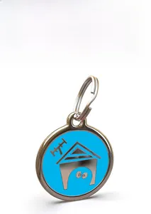 Macro detail of polished zinc alloy pet ID tag with blue dog house design and metal ring