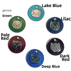 Six colorful round zinc alloy pet ID tags featuring embossed cat head designs and glitter finish