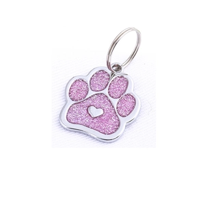 Glitter pink paw-shaped pet ID tag with heart detail and silver metal frame for dogs