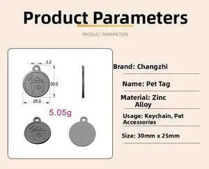 Detail showing zinc alloy pet tag dimensions and dog house relief design