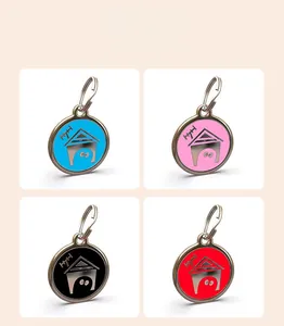 Zinc alloy pet ID tags in four colors featuring a cute cartoon dog house design