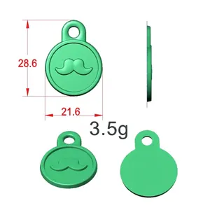 Golden edge mustache pet ID tag, green round pendant with dimensions 28.6mm by 21.6mm