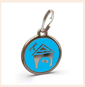 Close-up of sky blue dog house zinc alloy pet identity tag with durable lobster clasp