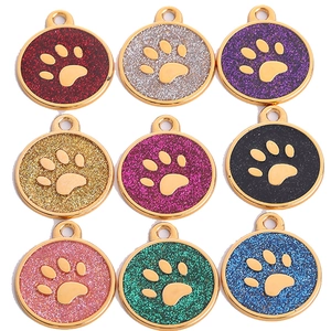 Round Glitter Paw Print Pet ID Tag Gold Plated Alloy Personalized Dog Identification Pendant For Collars Cat Accessories