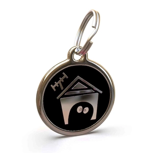 Dog house silhouette pet ID tag in black and silver zinc alloy for small dog collars