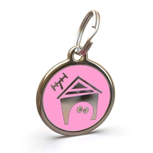 Pink and silver zinc alloy dog house ID tag for small pets with secure metal ring