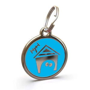 Blue zinc alloy round dog ID tag with silver house icon and bone antenna accessory