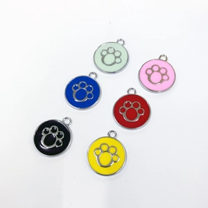 Set of six colorful paw print pet ID tags in zinc alloy for collars and engraving