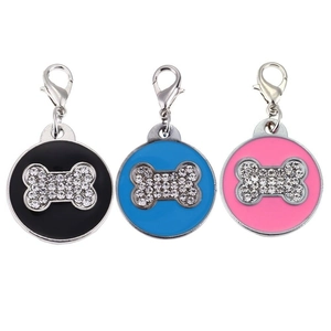 Dog bone pattern round pet tag with rhinestone inlay and lobster clasp in three colors