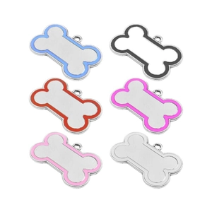 Bone-shaped zinc alloy pet ID tags in six colors including blue, black, red, and pink