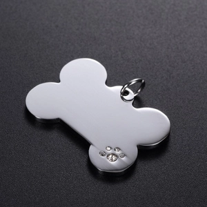 Bone Shaped Pet ID Tag With Rhinestone Paw Print Zinc Alloy Dog Name Tag Metal Collar Charm For Dogs Cats Pet Accessories