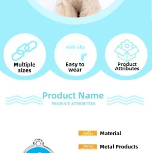 Detail of round blue metal pet collar pendant with durable zinc alloy construction