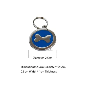 Blue pet ID tag with bone pattern and 25mm diameter measurement guide for dogs and cats