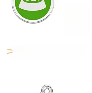 Detail of silver metal pet tag with green circular background and white food bowl icon