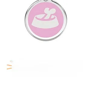 Detailed view of round pink pet ID tag with silver metal frame and bowl icon
