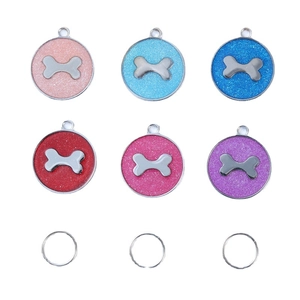 Set of 6 colorful glitter pet ID tags with silver bone pattern and metal rings