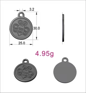 Detailed views of a round stainless steel pet tag with a bee embossed pattern and 25mm diameter