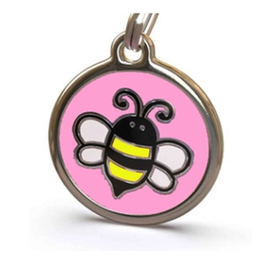 Pink round pet identification tag with cartoon bee design and silver metal ring loop